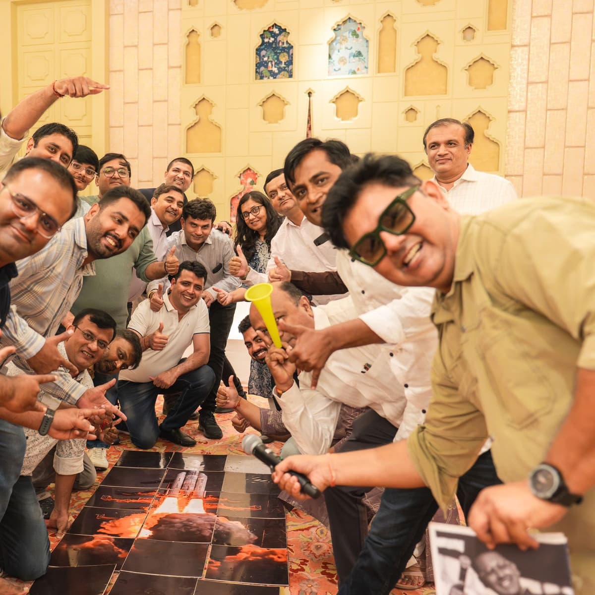 Team celebrating together during a corporate team-building activity