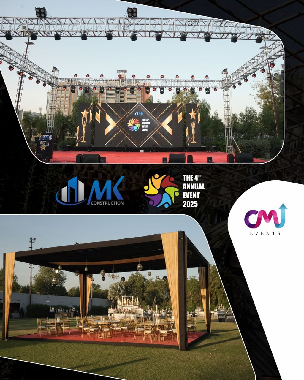 Outdoor stage production with truss lighting for a corporate annual event