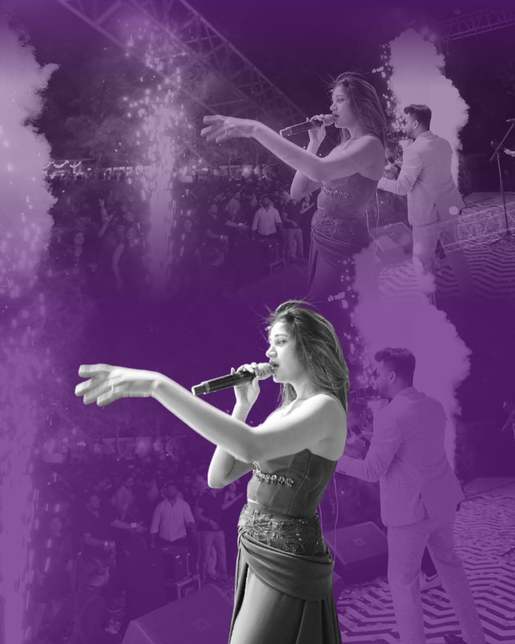Vocalist performing under dramatic lighting at a corporate concert