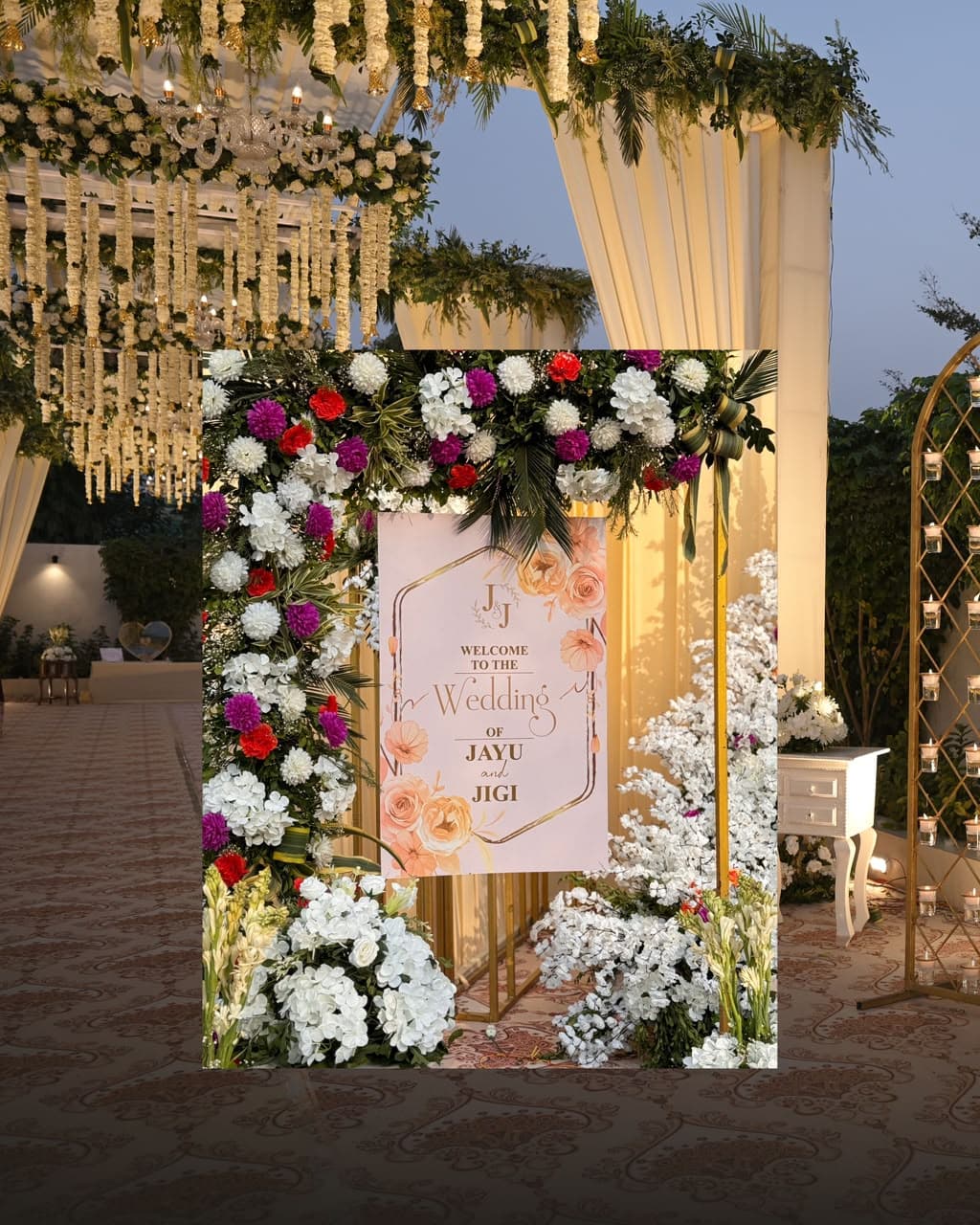 Floral welcome signage for Jayu & Jigi's wedding celebration
