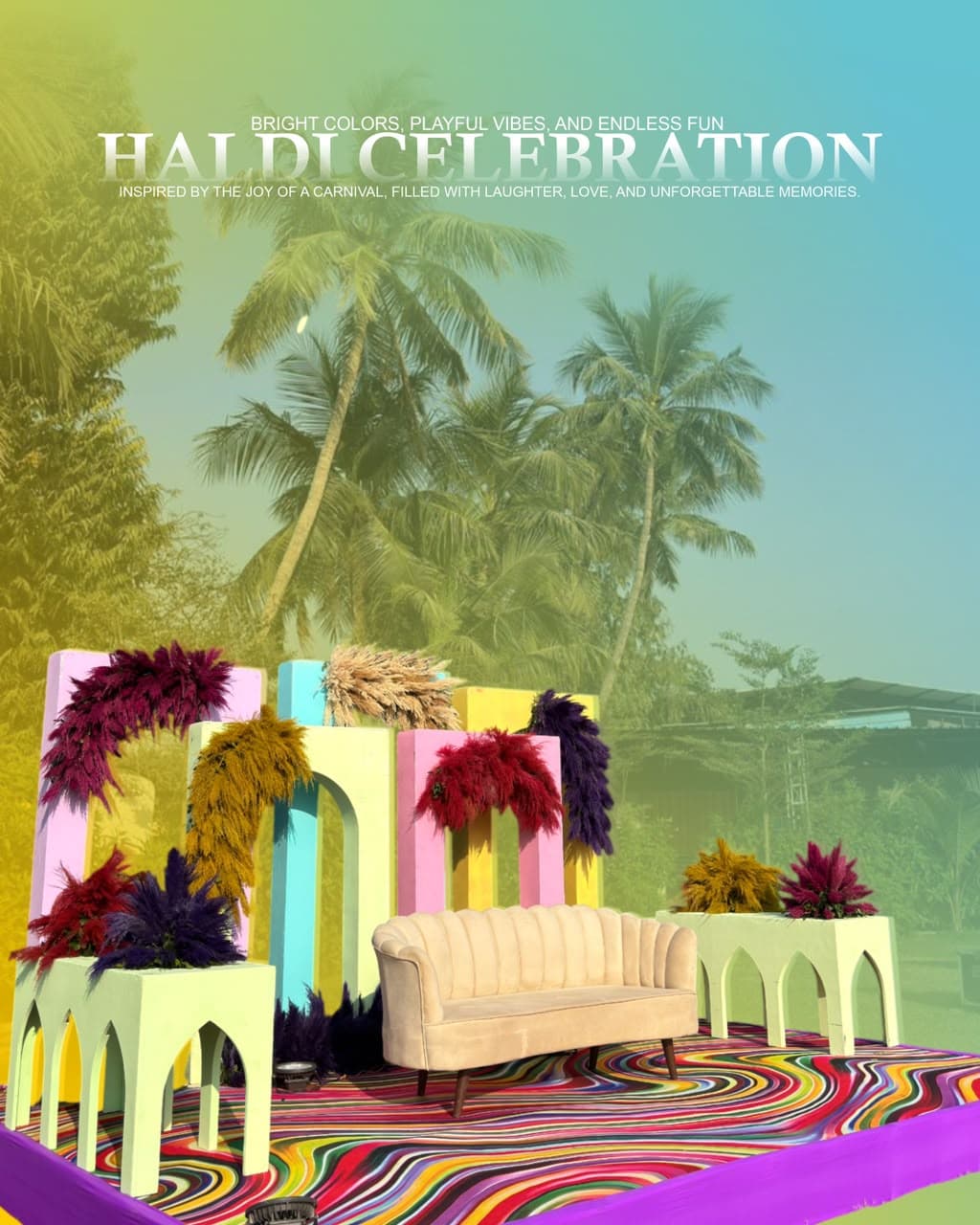 Colourful haldi celebration stage styled with pastel arches