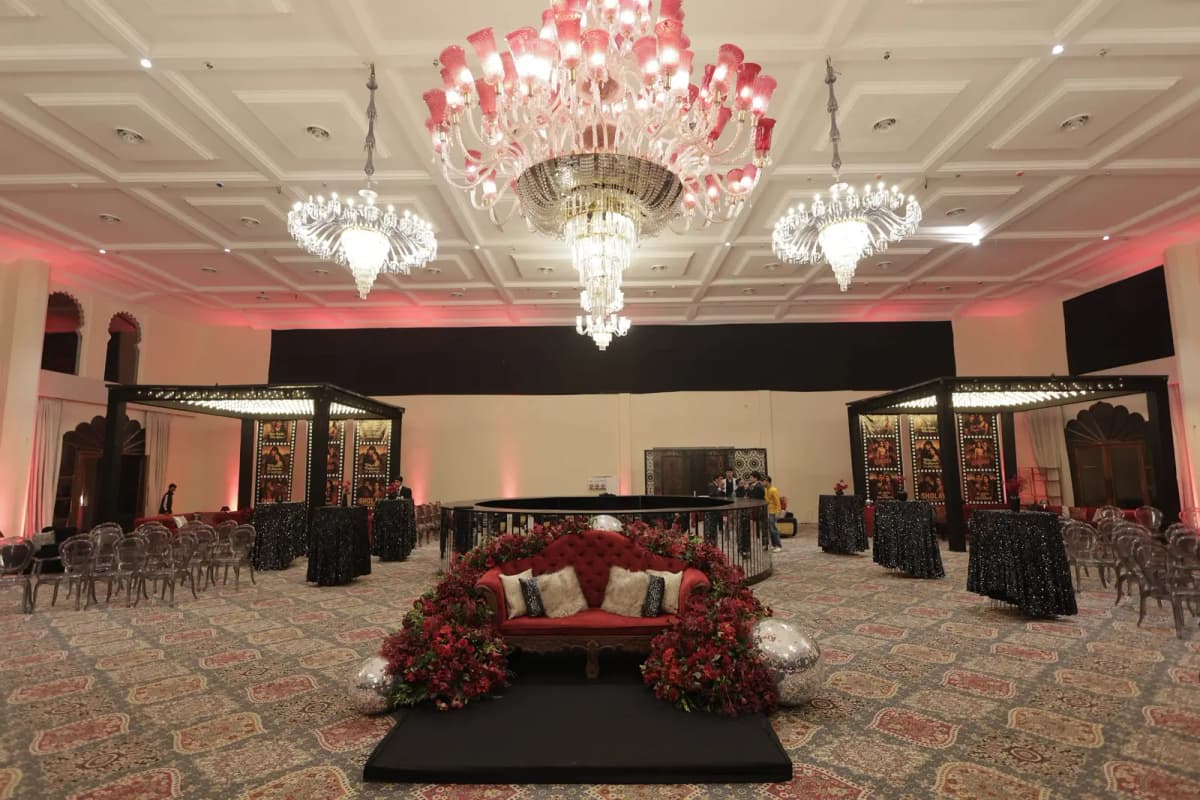 Ornate ballroom set up for a corporate summit