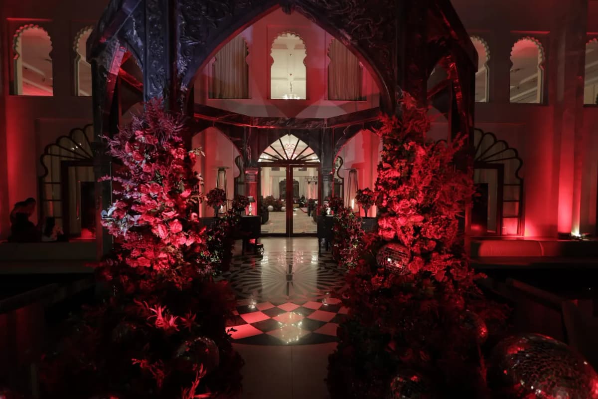 Heritage palace courtyard entrance at night